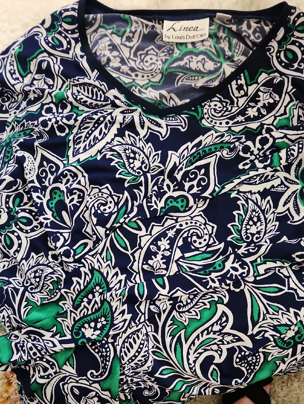 Linea by Louis Dell'Olio Navy, White & Green Paisley V-Neck Top